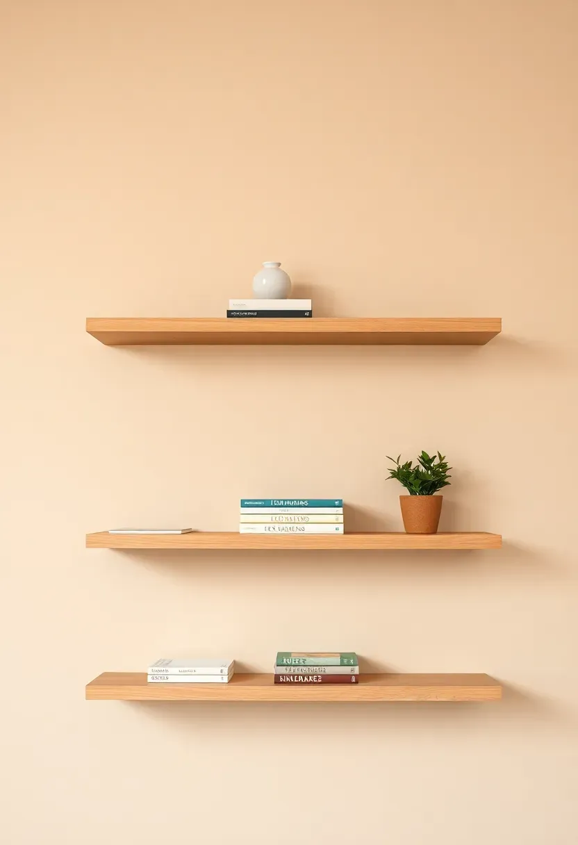 Floating wooden shelves styled with a few curated boho objects and negative space in a small living room