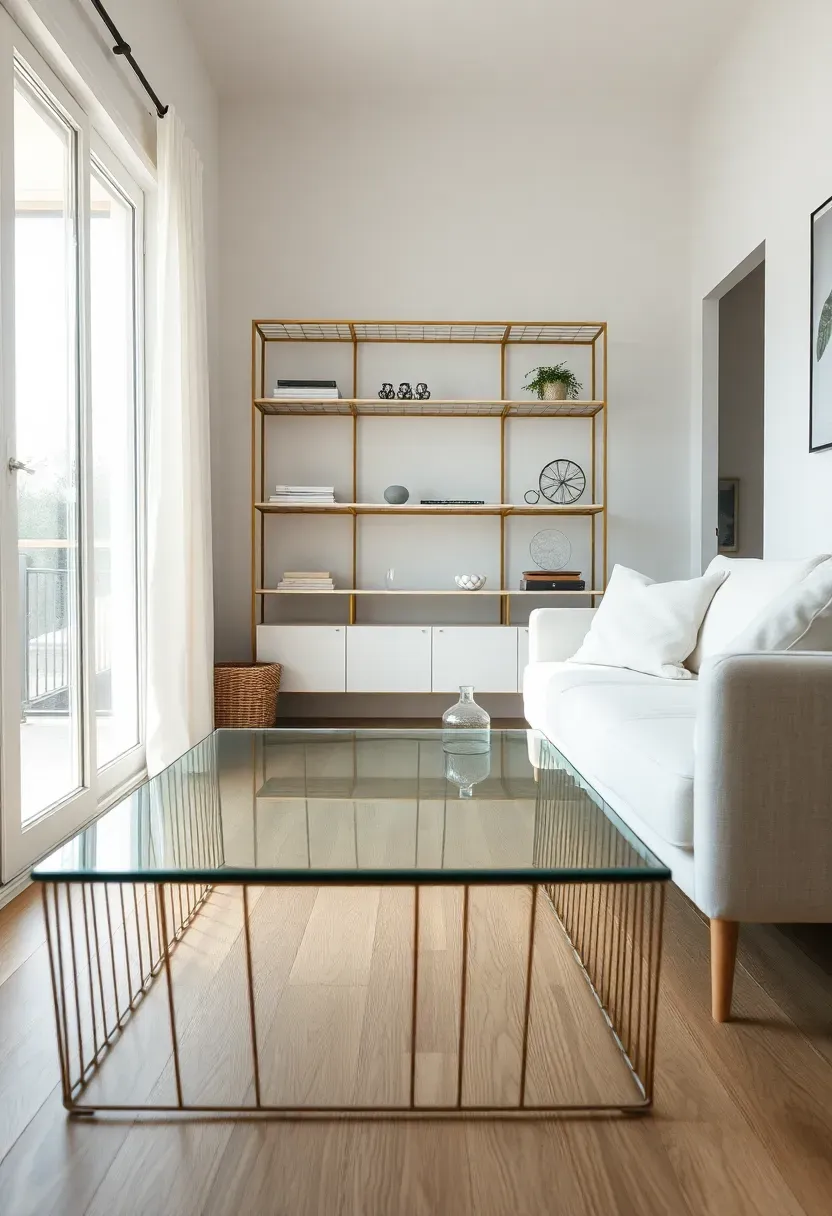 Hyper-realistic 3/4 view of tiny house living room featuring glass-topped coffee table and wire-frame shelving, showing light oak floor visible through glass and open wire frame, sightline passing through furniture rather than stopping, white sofa with thin wood frame, white walls, natural light. Materials: glass table top, brass wire frame shelving, white linen sofa, light oak floor, white walls. Bright natural light, soft shadows, transparency emphasized.</p>