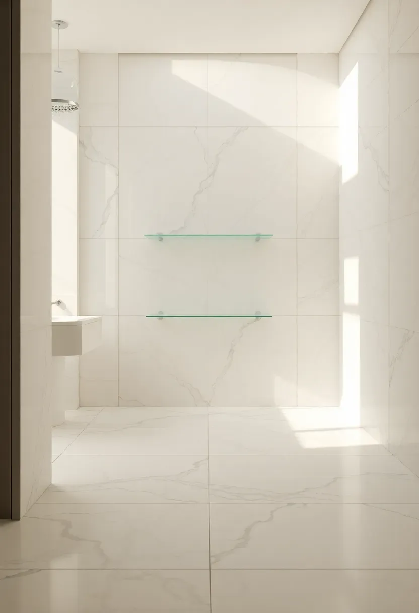 Floor-to-ceiling white and gray marble tiles in a modern luxury bathroom creating a seamless, spa-like atmosphere with natural stone veining
