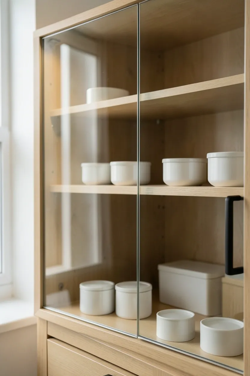 Recessed medicine cabinet with mirrored door open revealing organized shelves in a clean modern bathroom