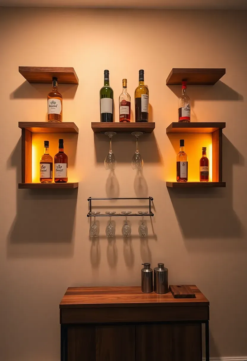 Basement wall with floating shelves arranged as a bar display, backlit bottles, hanging glass rack, and a narrow console below