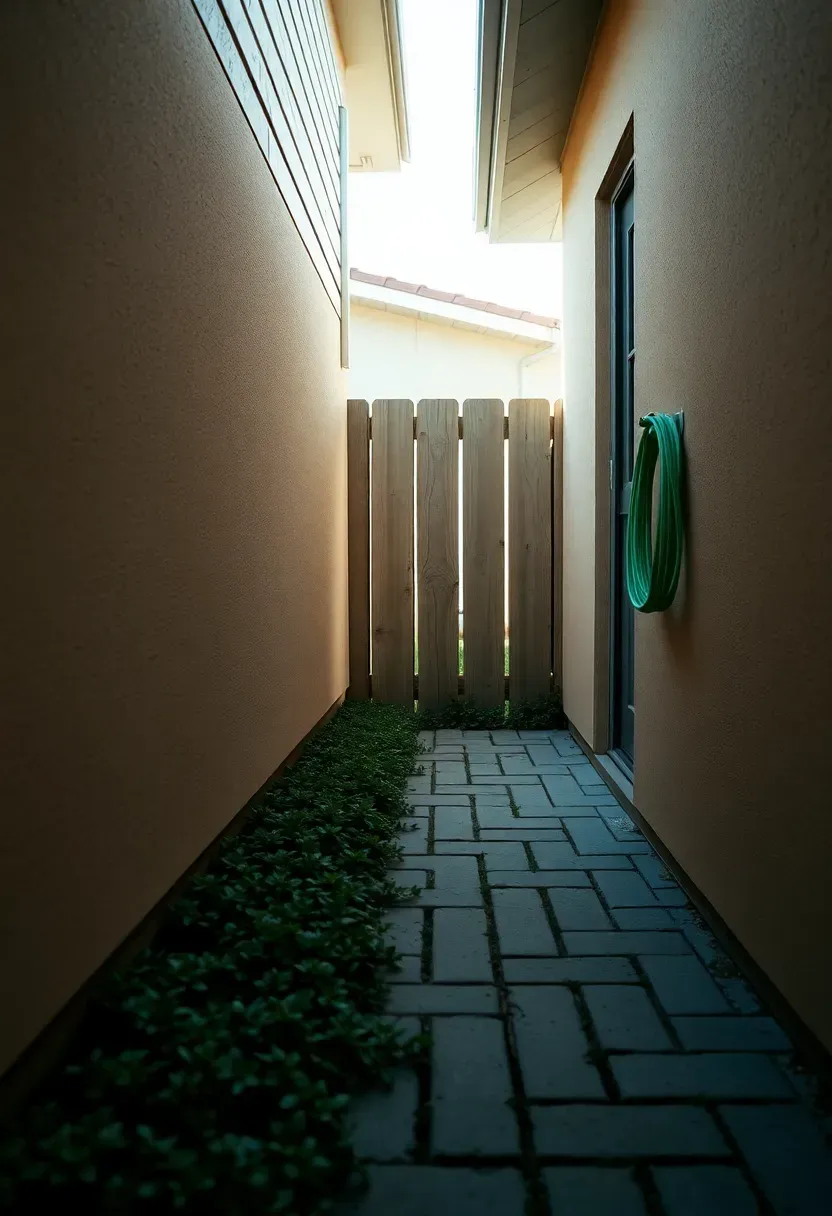 Narrow paver path along a side yard between a house wall and a fence with low ground cover plantings