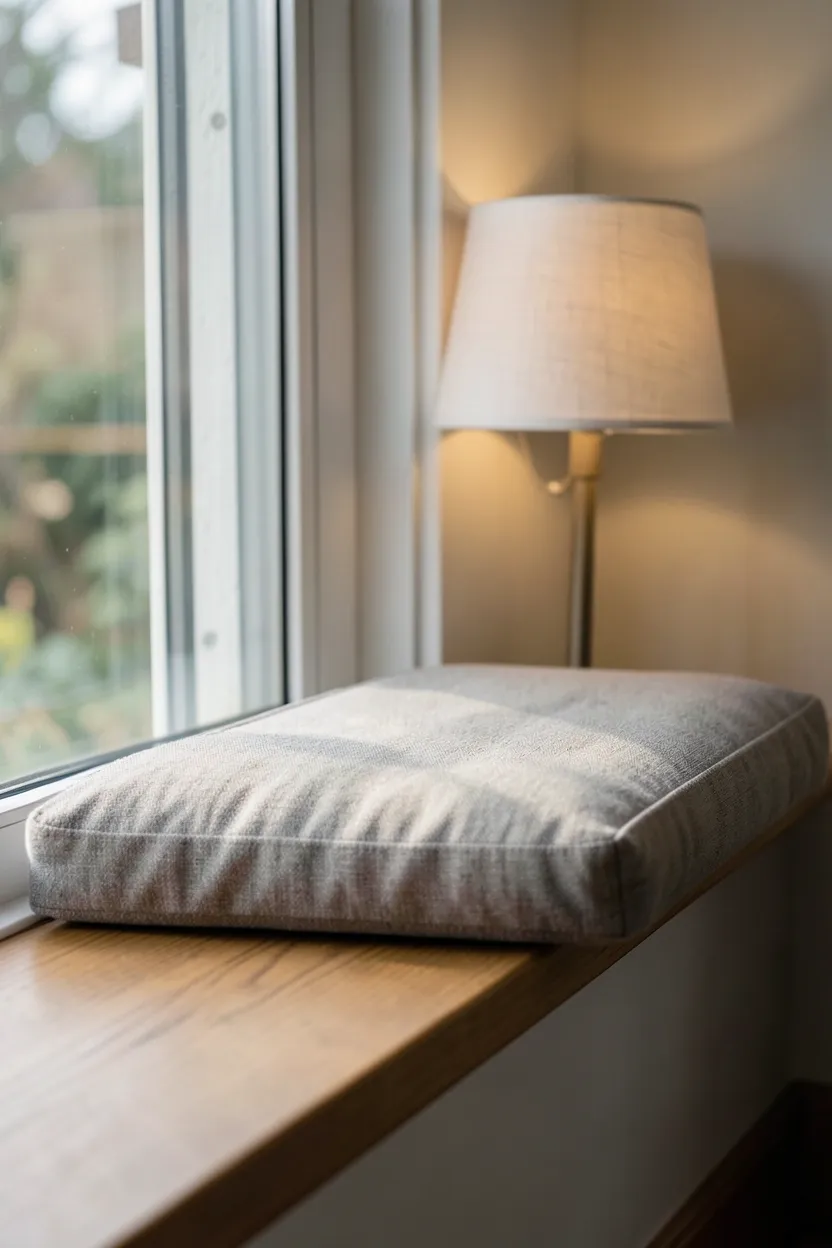 Deep window sill turned into a reading perch with a thick oat-colored cushion, sheer curtains, and natural light flooding a minimalist rental bedroom