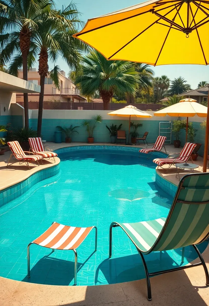 Charming kidney-shaped pool with vintage turquoise tiles and retro patio furniture
