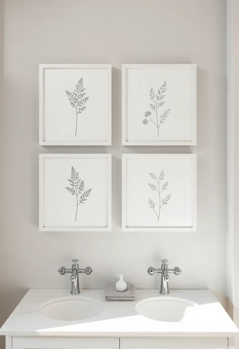 Symmetrical four by two grid of identical white framed botanical line drawings on a pale gray bathroom wall above a marble vanity