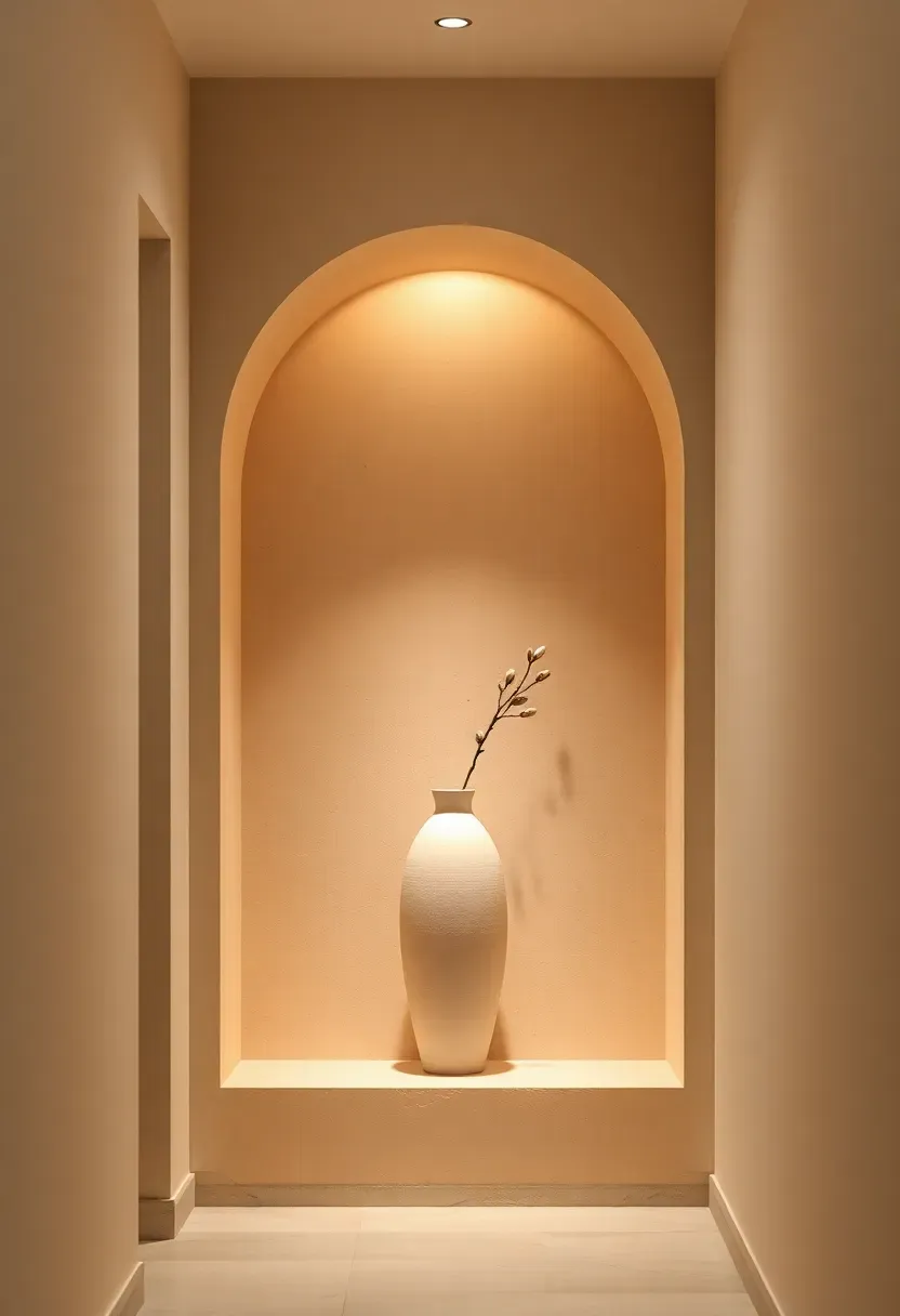 Minimalist hallway with an arched plaster niche accent wall in warm beige housing a sculptural ceramic vase and soft uplight