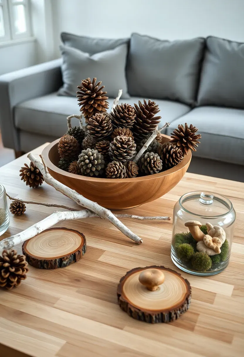 Hyper-realistic elevated shot of coffee table displaying woodland themed Christmas decor: large wooden bowl filled with assorted pine cones (sugar ponderosa and lodgepole), three birch branches lying casually on surface, wood slice coasters, small glass terrarium with preserved moss and dried mushroom. Neutral gray sofa visible beyond, white walls, light oak floor. Materials: pine cones, birch wood, natural moss, dried fungi, wood, glass. Soft daylight (4700K) from window creating detailed shadows on natural textures, organic rustic mood like Kinfolk magazine, shallow depth of field foreground decor, composition showing casual arrangement of gathered elements. No text logos watermarks.</p>