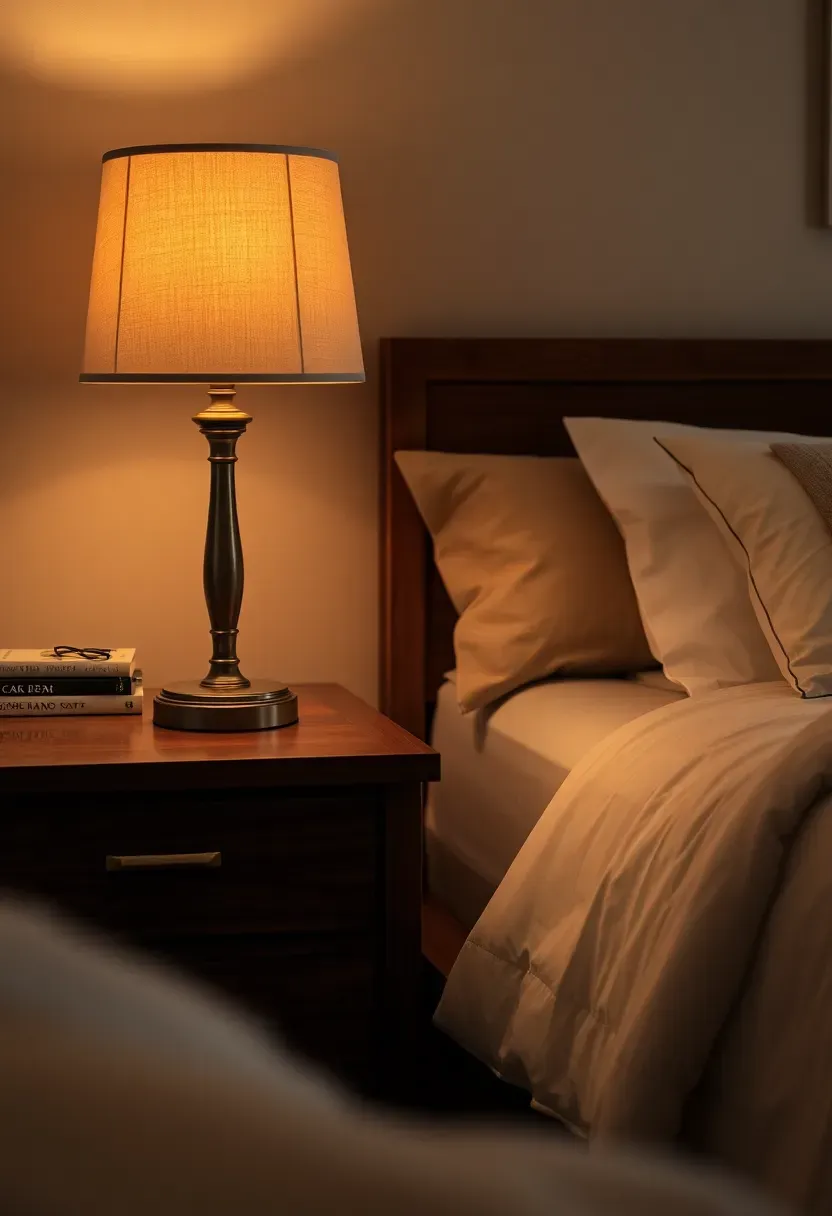 Warm wood bedside tables with table lamps