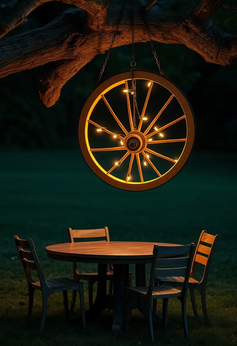A repurposed old wooden wagon wheel suspended horizontally from a tree branch with string lights wrapped around the spokes glowing warmly at night