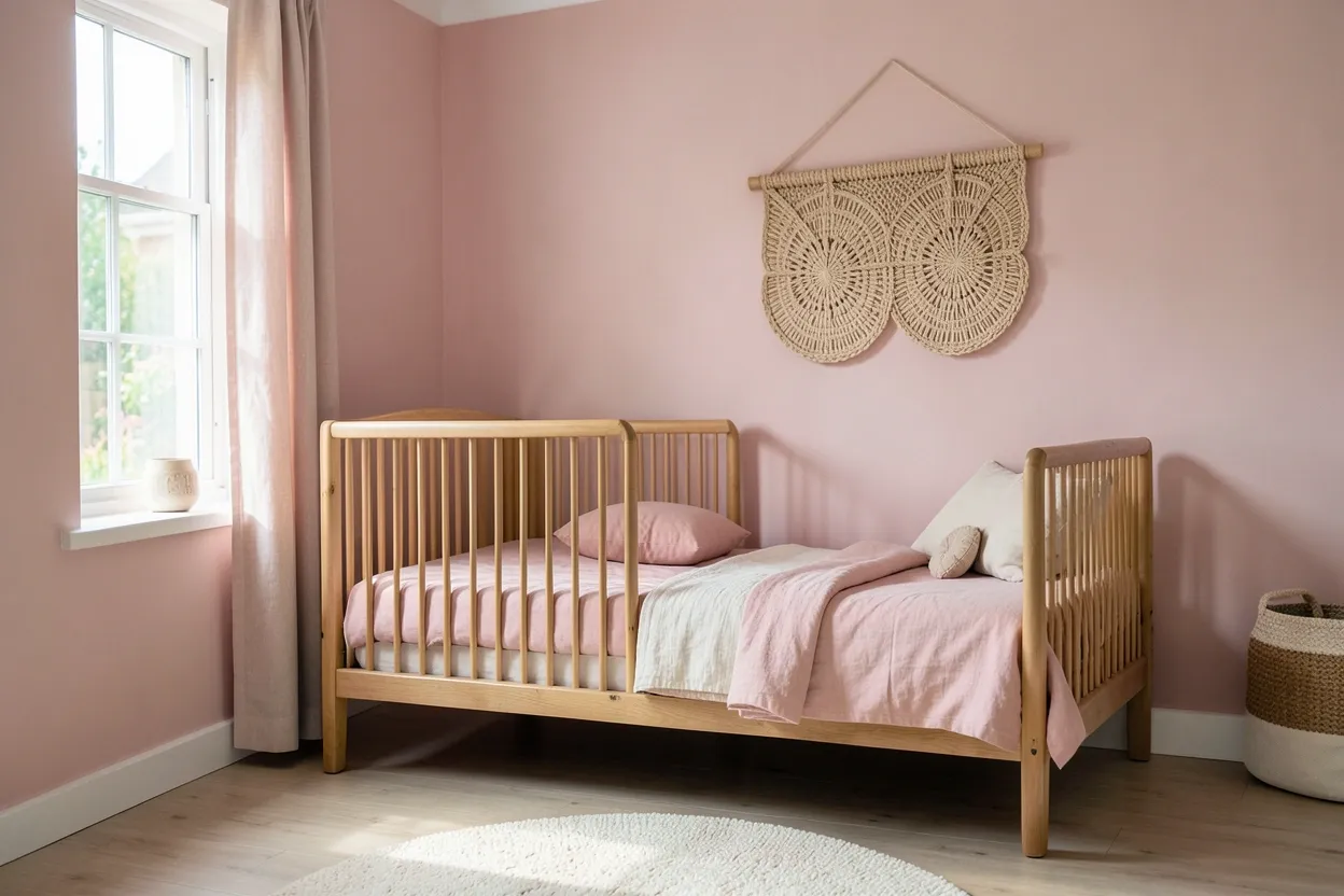 Pink boho nursery with blush accent wall, woven wall hanging, wooden crib, and macramé mobile — dreamy baby room ideas for renters