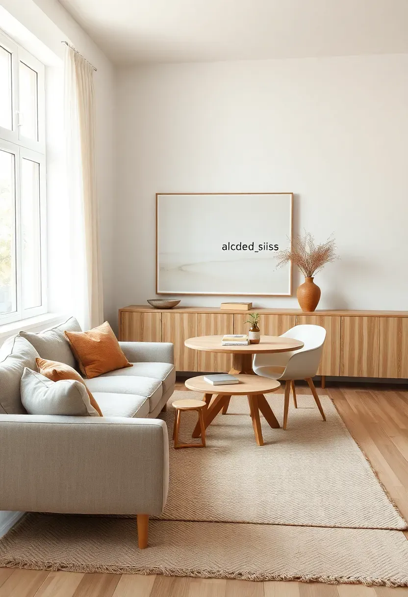 Minimal art wall with lounge-plus-dining flow