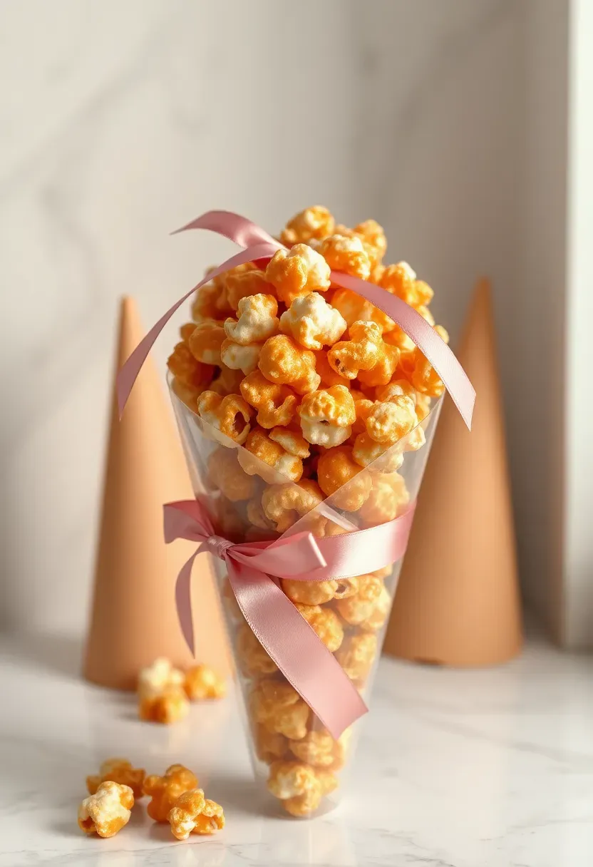 salted caramel popcorn in a cellophane cone tied with a satin ribbon and a round thank you sticker