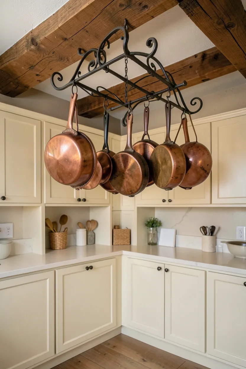 Wrought iron pot rack with scrolled details hanging cast iron pans above a farmhouse kitchen island