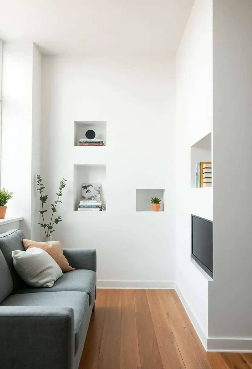 Hyper-realistic view of small minimalist living room white wall with multiple recessed rectangular niches, niches displaying curated objects and books, small apartment living room, no protruding shelves, gray sofa, oak floor. Materials: white painted wall with recessed niches, minimal curated objects, white walls, gray sofa, oak floor. Natural light, integrated storage mood. Built-in niches preserving wall plane, shallow depth of field, no text, no logos, no watermarks.</p>