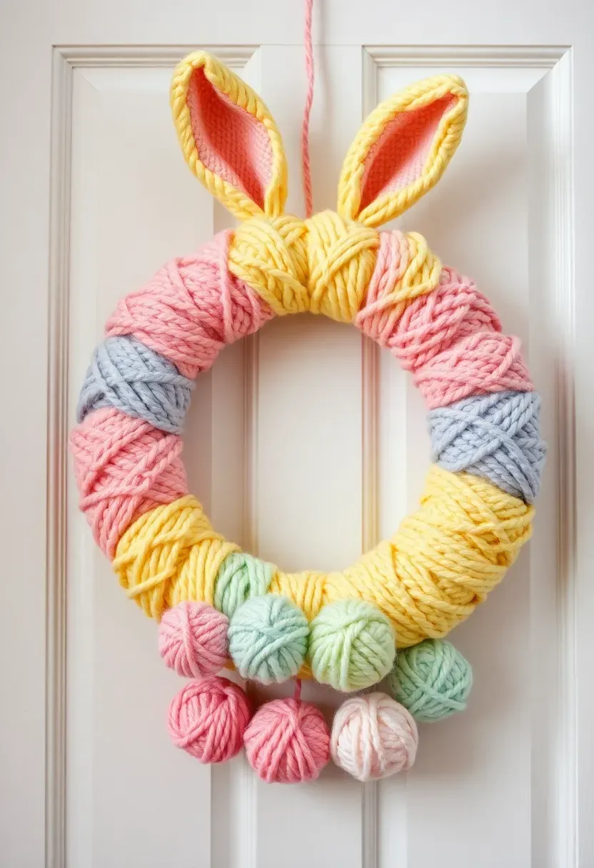 candy-colored yarn wrapped Easter wreath with pastel yarn bunny ears and pom poms