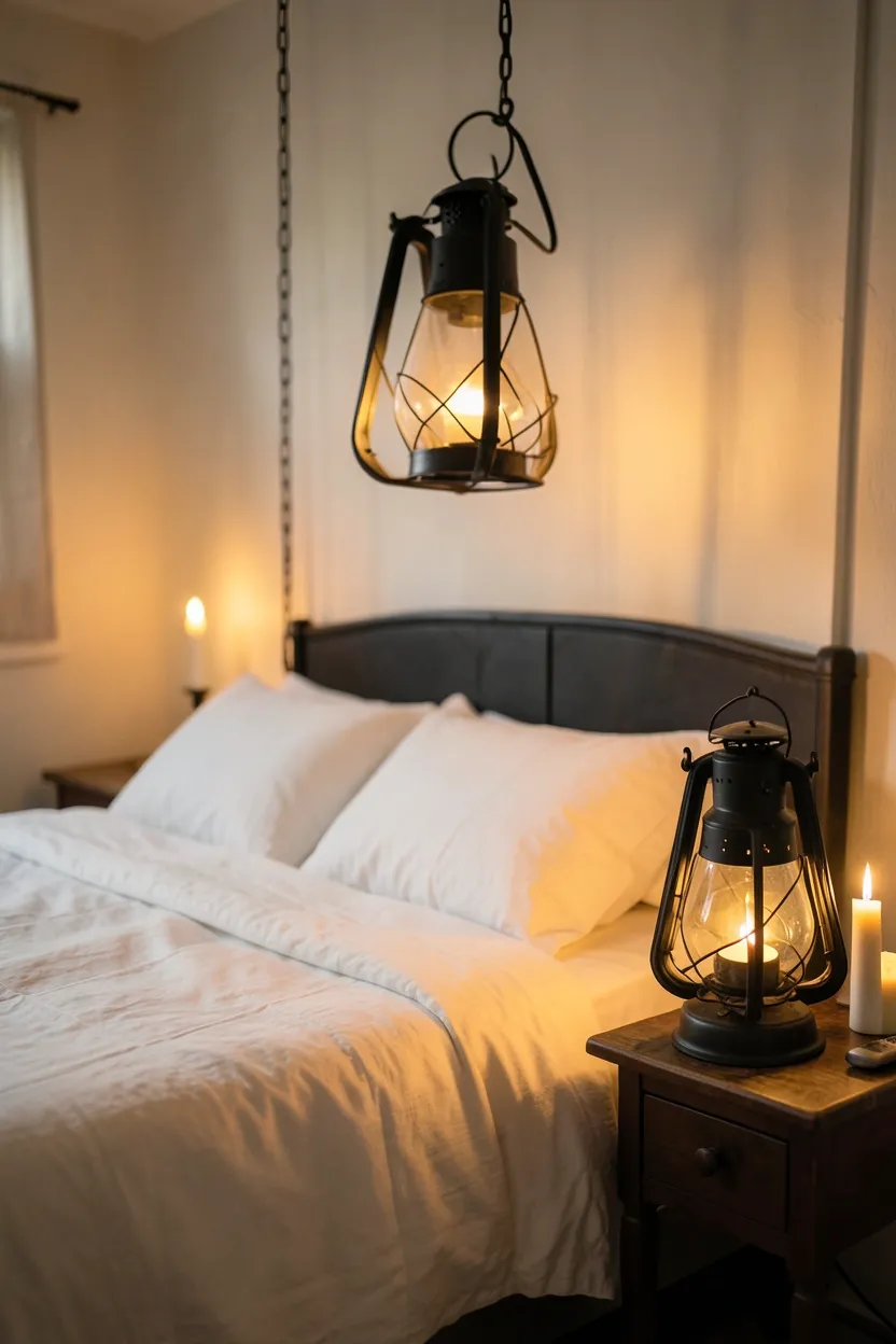 Boho bedroom with large Moroccan metal lantern suspended above the bed casting patterned warm light, with smaller lanterns on nightstands
