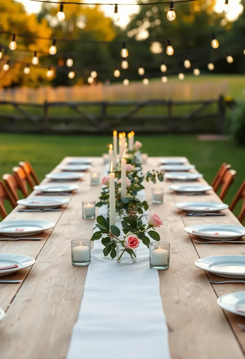 Long wooden farm table set for a sweet 16 dinner outdoors with white linens, candles, floral centerpieces, and market lights overhead at golden hour