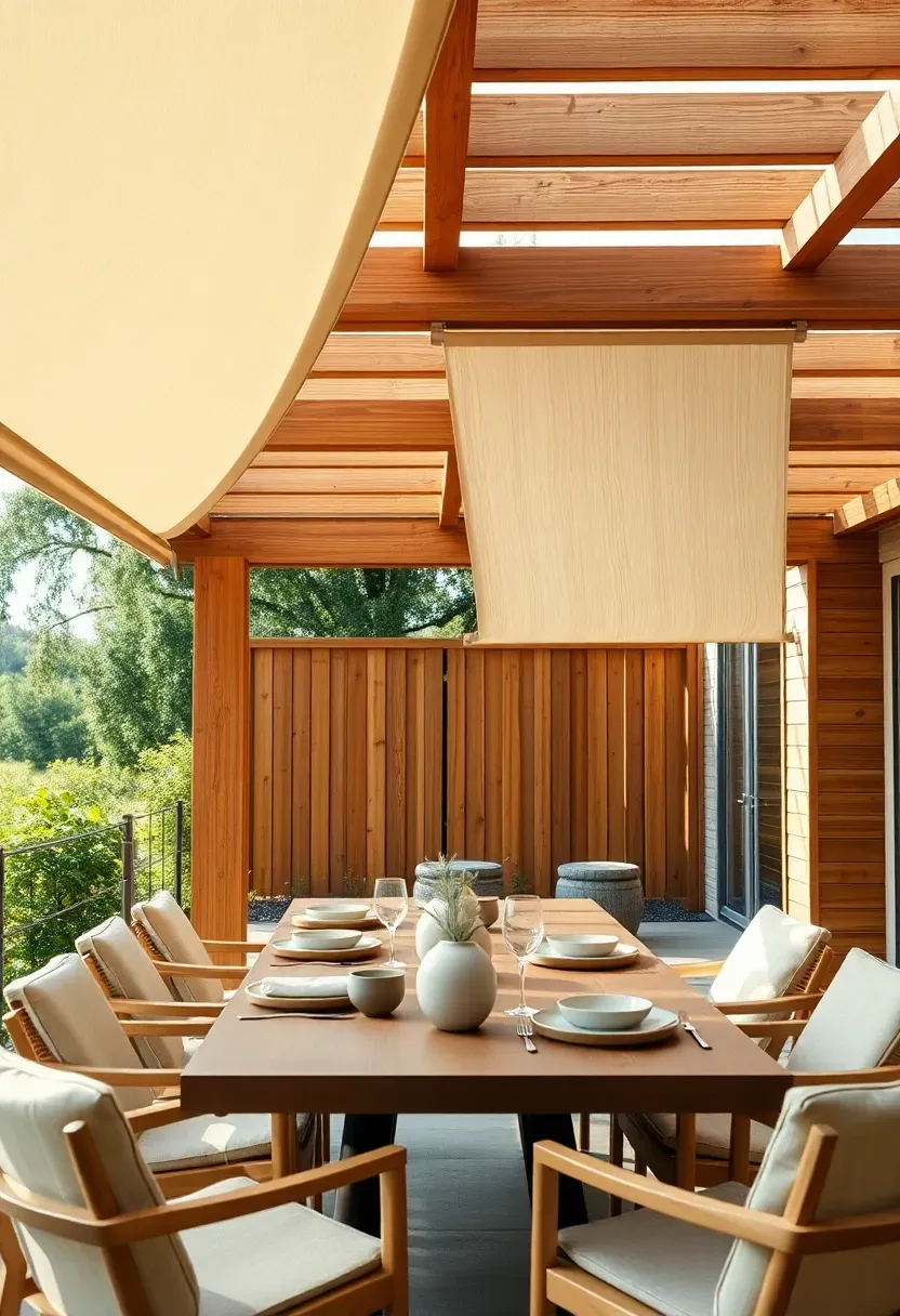 Modern wood pergola with retractable fabric canopy shading an outdoor dining table in a remodeled backyard