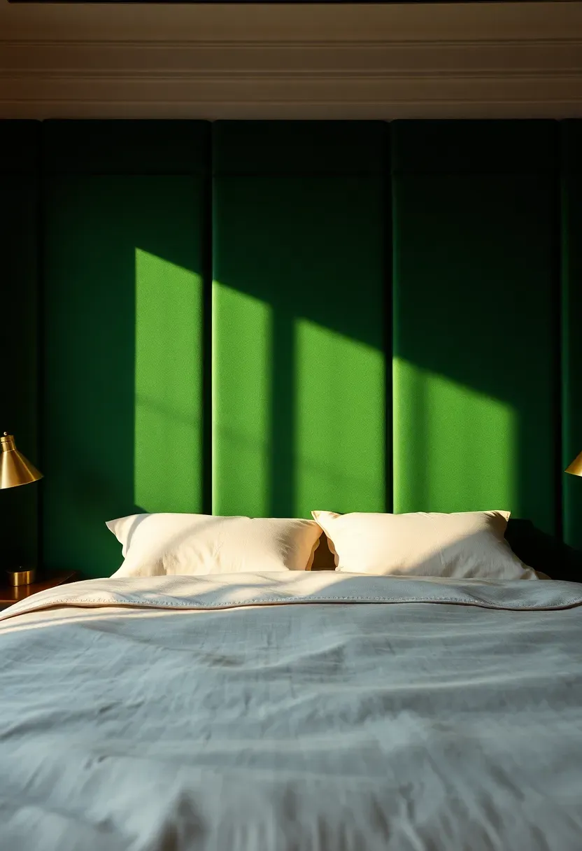 Upholstered fabric-wrapped wall panels in rich emerald green velvet creating a luxurious padded accent wall behind a bed