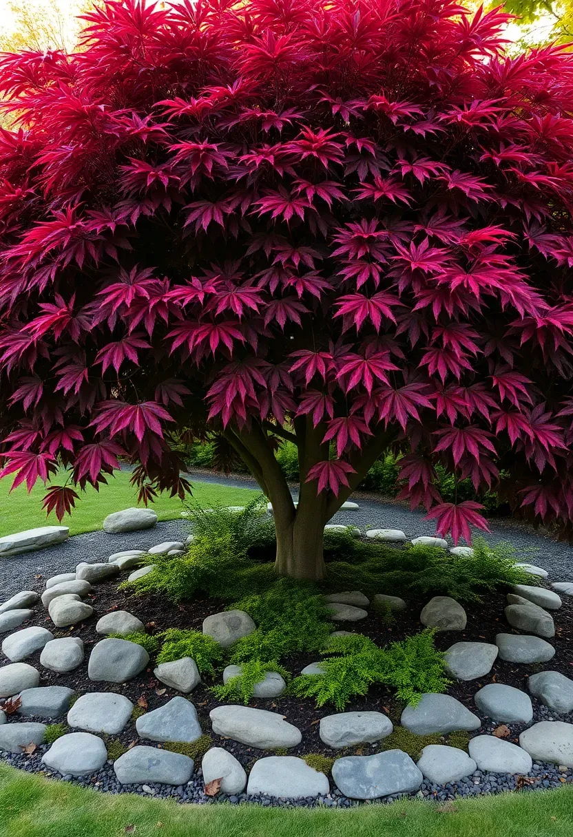 Backyard landscape featuring a large Japanese maple tree with deep burgundy foliage as the centerpiece surrounded by low ferns and river rocks