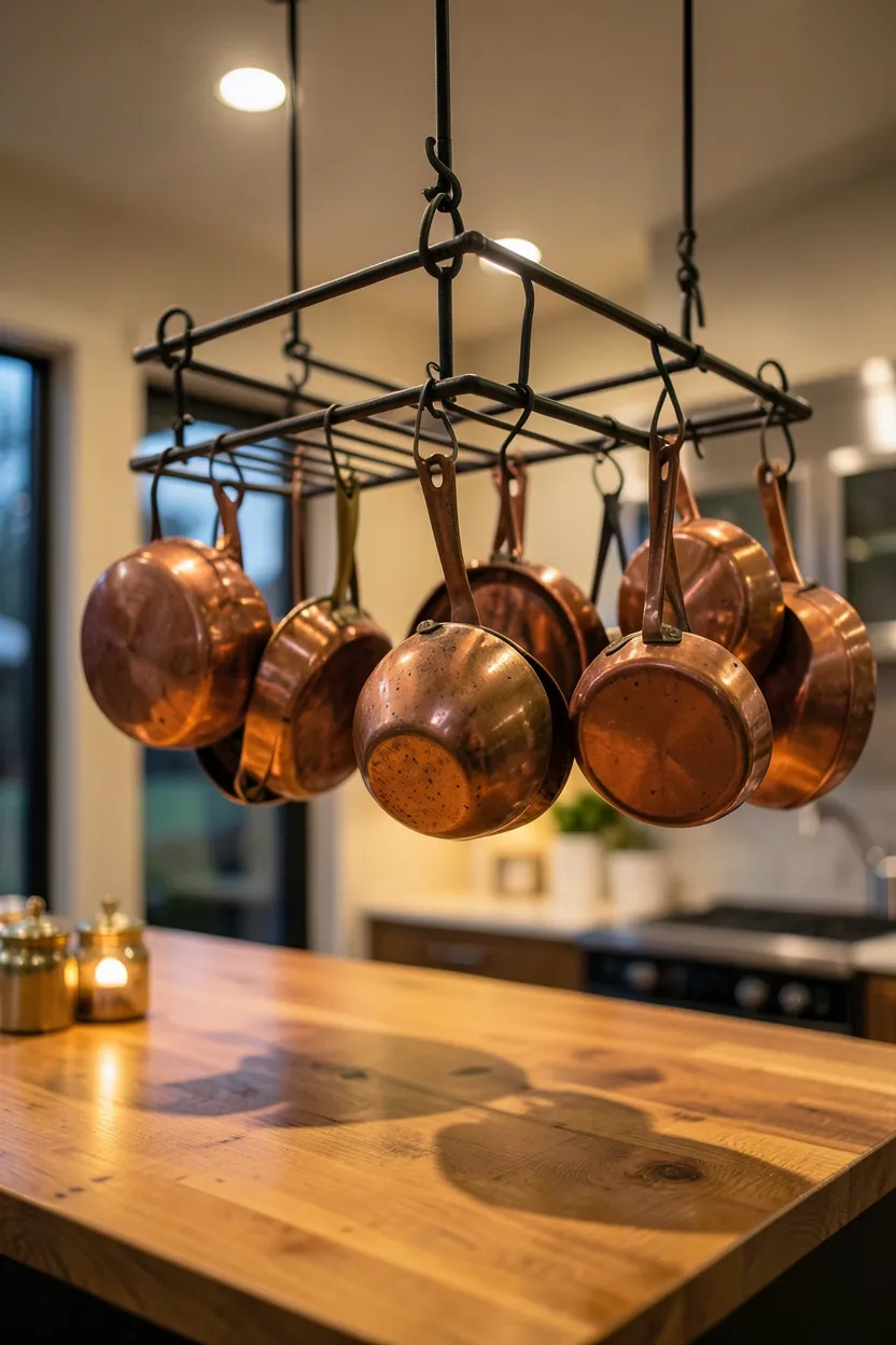Wrought iron ceiling pot rack above a farmhouse kitchen island with copper pots and wooden-handled utensils