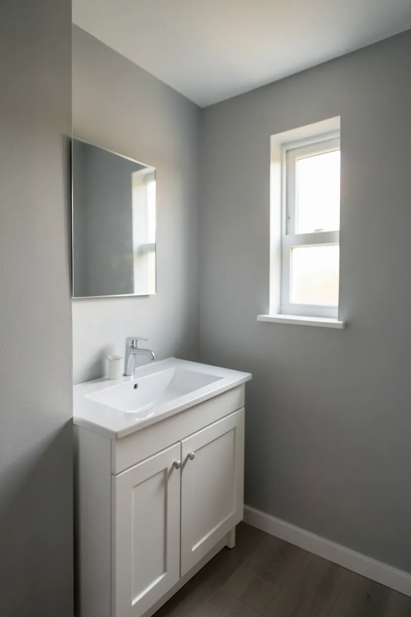 Small apartment bathroom painted in soft pale gray with cool undertones to reflect light and create a more spacious feel