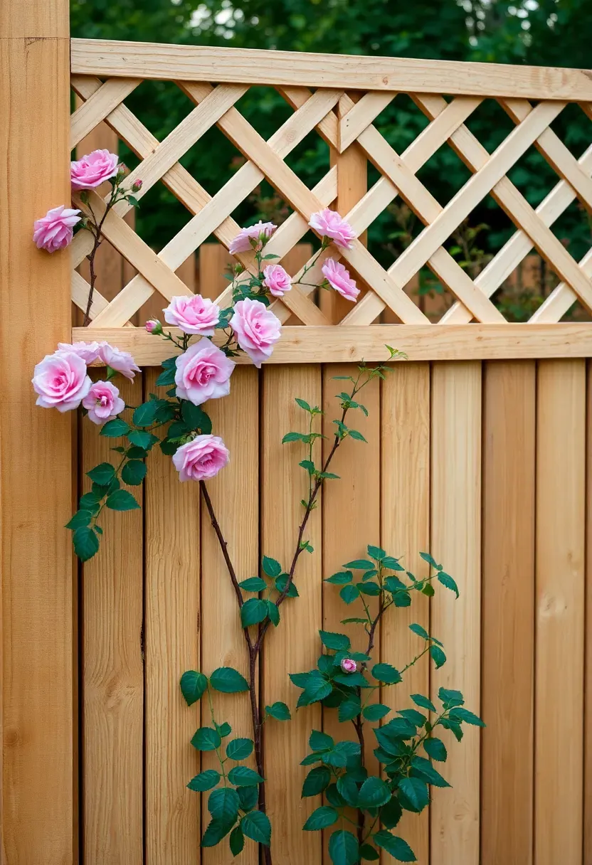 Privacy fence with solid lower panels and decorative diamond lattice top section with climbing roses growing through