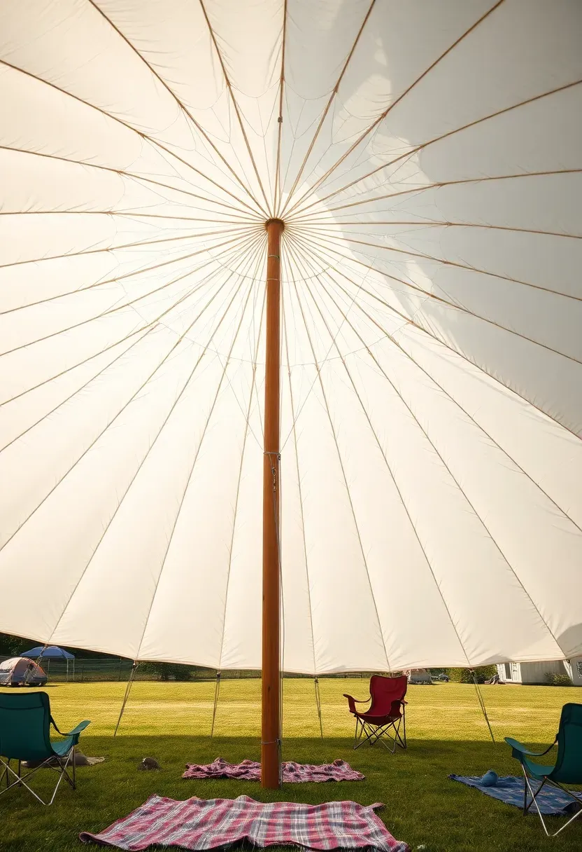 repurposed military parachute canopy draped over a backyard gathering space