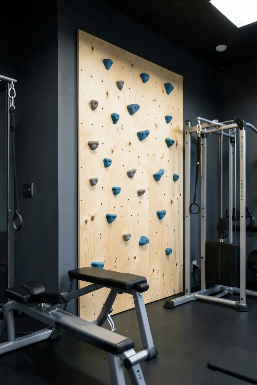 Home climbing gym with slate blue-gray walls and light maple wood climbing holds, dark sophisticated wall climbing setup