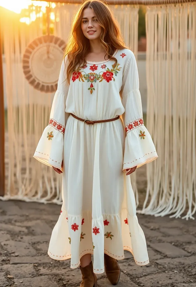 woman wearing a boho embroidered maxi dress with colorful thread details and wide sleeves at a bohemian themed baby shower outdoors