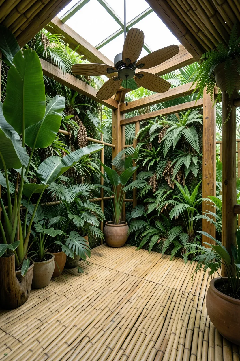 Tropical jungle home gym with floor-to-ceiling potted palms, monstera plants, bamboo flooring, and rattan bench