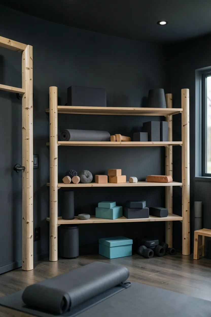 Multi-use home gym with dark grey walls and a dedicated yoga zone featuring light birch wood shelving and warm-toned lighting