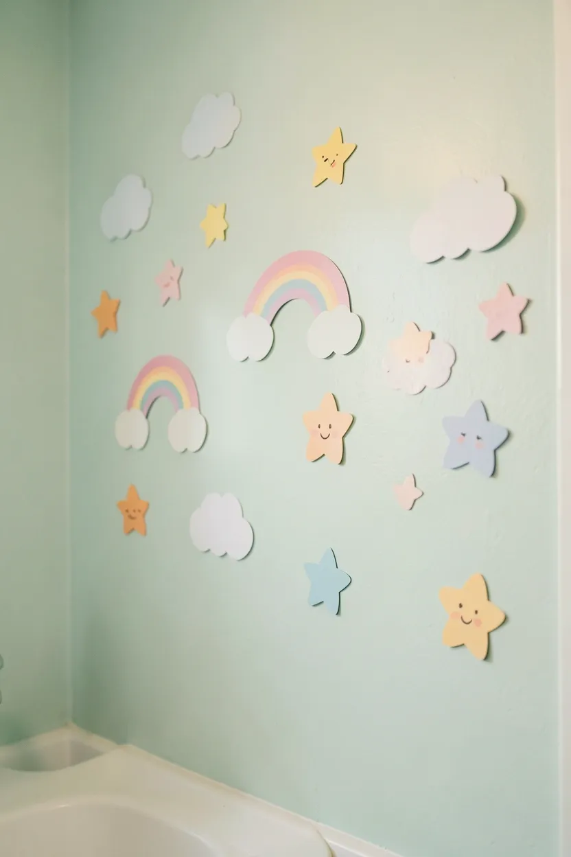 Removable pastel wall decals of clouds, rainbows, and stars scattered on a white bathroom wall above the vanity — renter-friendly decor