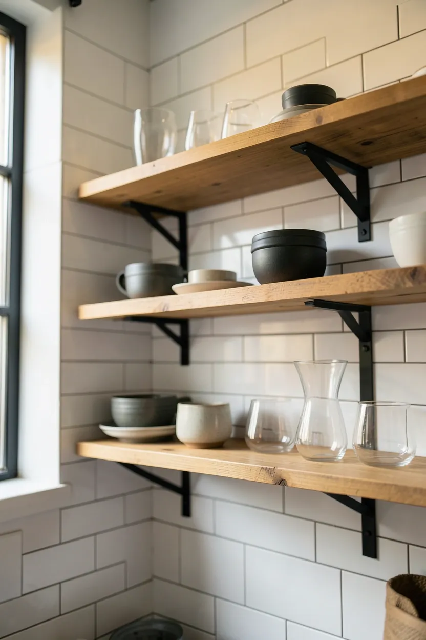 Natural wood floating shelves on matte black iron industrial brackets displaying ceramics and glassware in a modern organic kitchen
