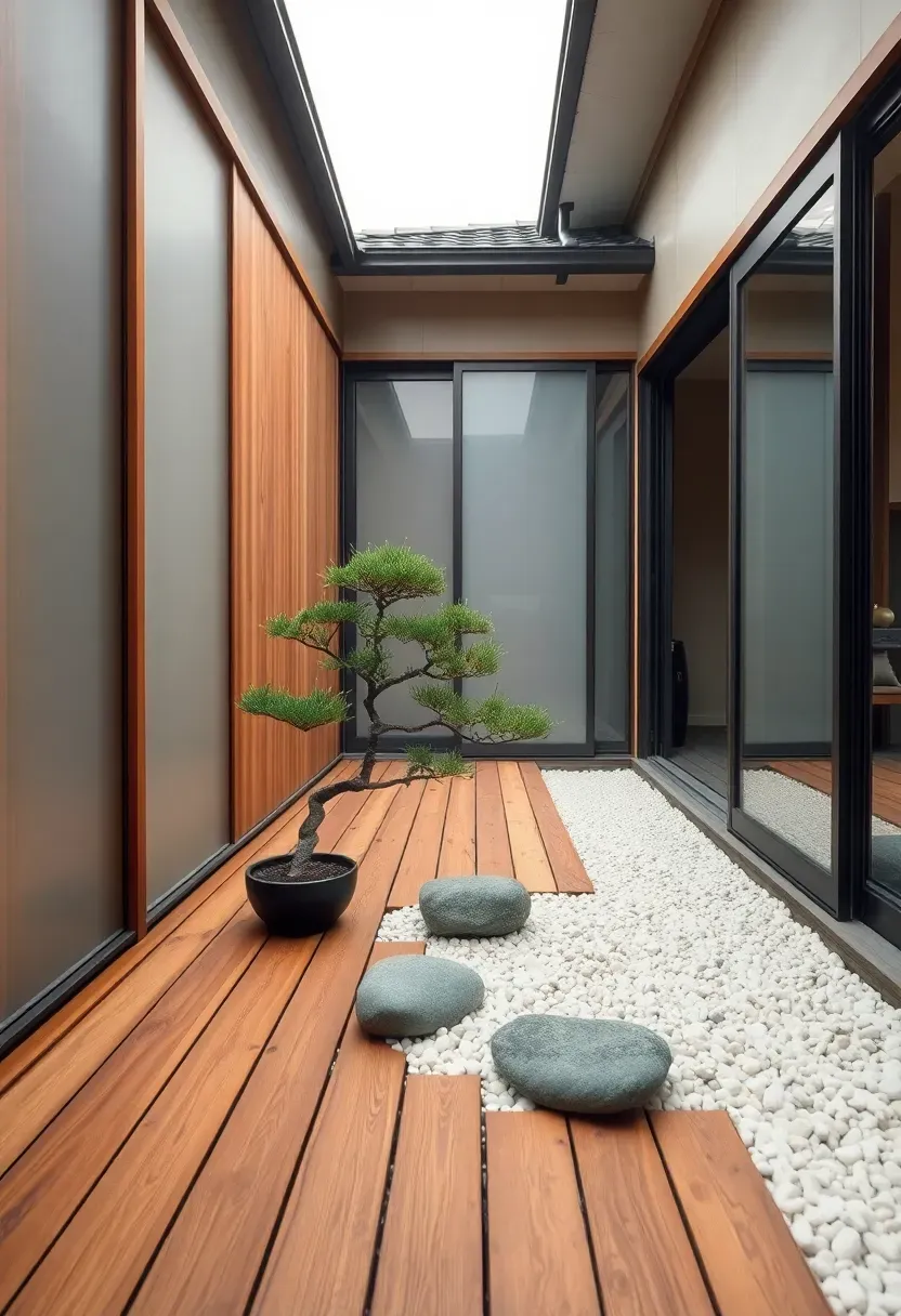 Narrow Japanese engawa-style wooden veranda deck extending along a home exterior with sliding shoji-inspired screens, pebble garden below, and a single bonsai