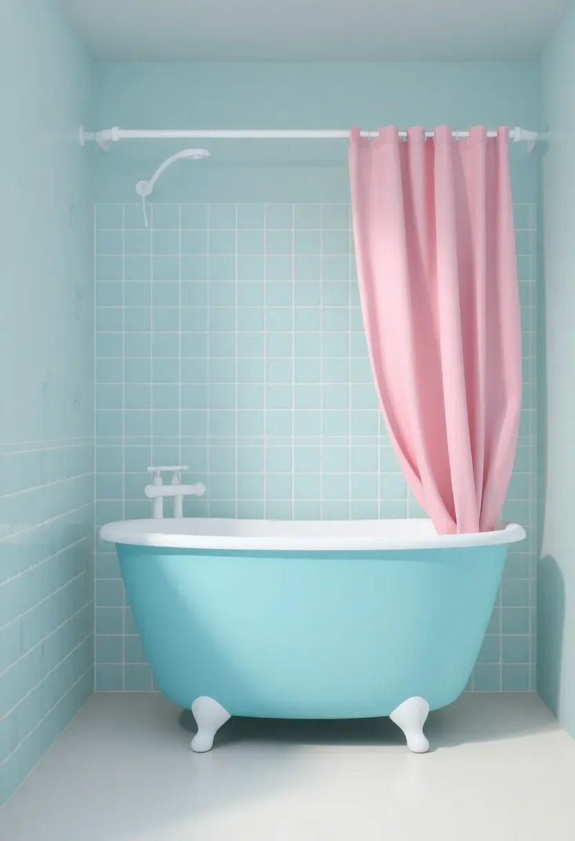 Toca Boca style shower-tub combo with rounded pastel blue tub, mint green tile walls, and soft pink shower curtain in an apartment bathroom