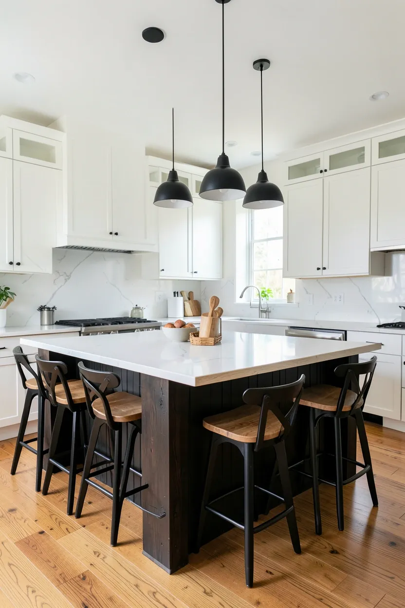 Black base kitchen island with warm wood countertop and matching black bar stools — bold and inviting kitchen centerpiece