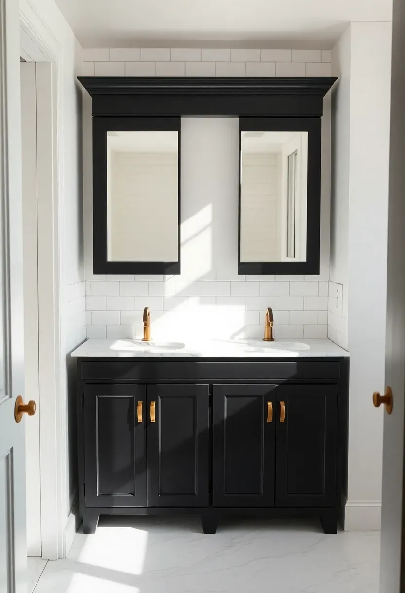 Black bathroom vanity with white quartz countertop and matte black faucet — modern monochrome storage solution