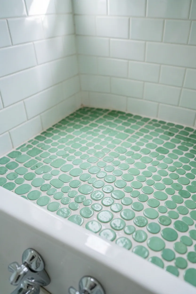 Vintage-inspired green penny round tiles with white grout on a bathroom floor — charming green bathroom tile idea for small spaces