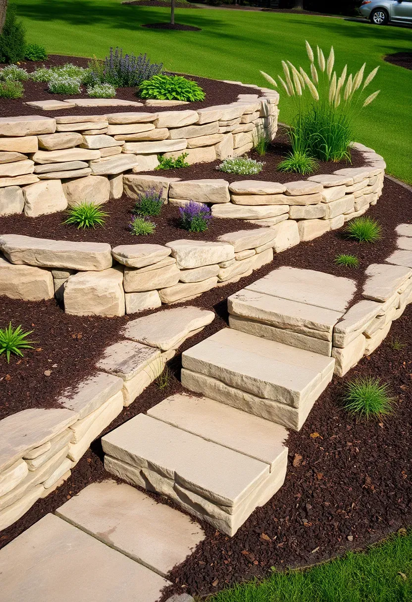 Two-tier stone retaining wall terrace on a gentle backyard slope with perennials planted on each level and a flagstone stairway connecting them