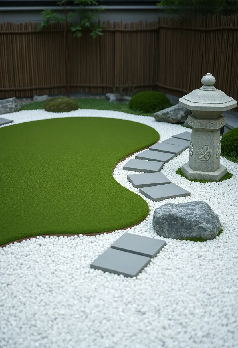 Putting green nestled into a Japanese-inspired garden with raked gravel, moss patches, stone lanterns, and bamboo borders