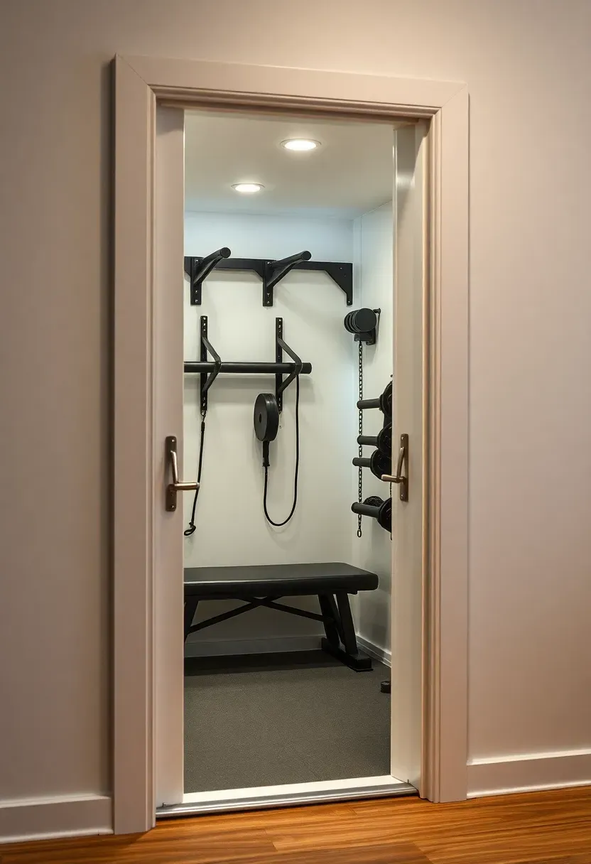 Hidden pocket gym revealed behind a flush wall panel door in a small home, showing foldable workout equipment and LED lighting inside