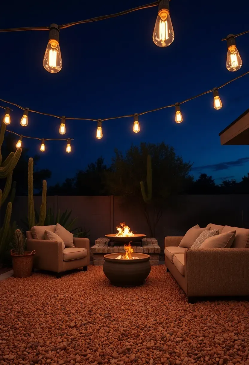Arizona backyard evening scene with warm string lights crisscrossing above a gravel patio, desert plants, outdoor sofa, and a glowing fire pit