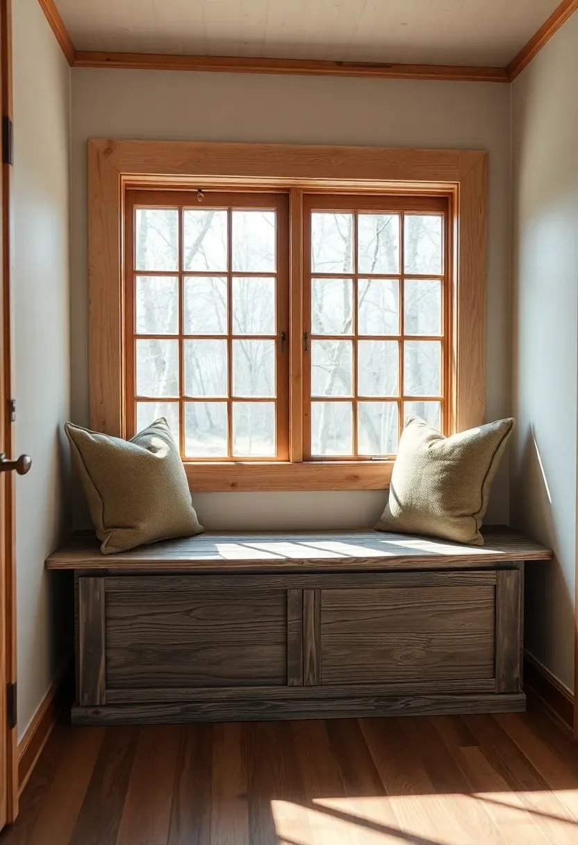 Hyper-realistic 3/4 view of window seat in rustic tiny house. Built-in bench with reclaimed barn wood front, lift-top storage, tailored burlap cushions. Large double-hung window with wood dividers. Materials: weathered gray barn wood, burlap cushions, cream walls, wide-plank pine floor. Bright natural light from window, casting shadows that highlight wood texture. Shallow depth of field showing barn wood aging and cushion fabric. Cozy rustic window nook mood.</p>