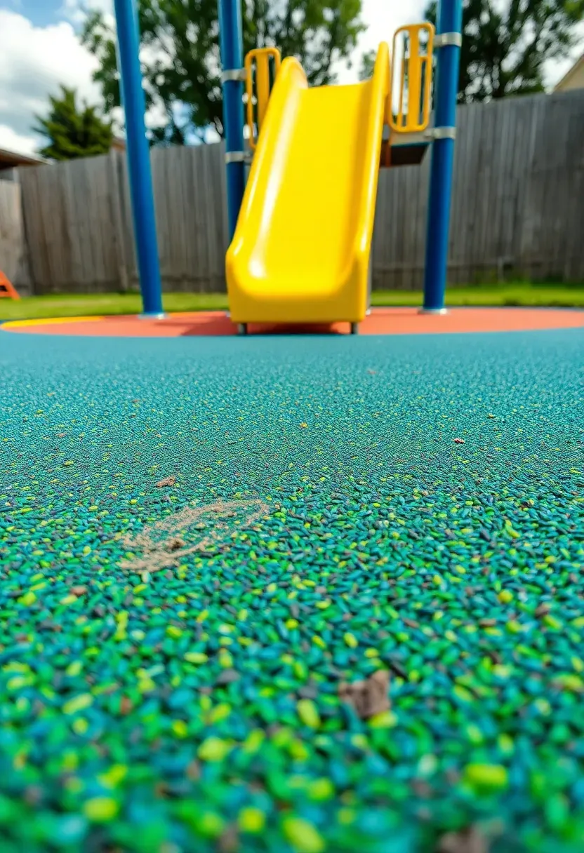 Smooth poured-in-place rubber playground surface in green and blue patterns with a small slide structure on top