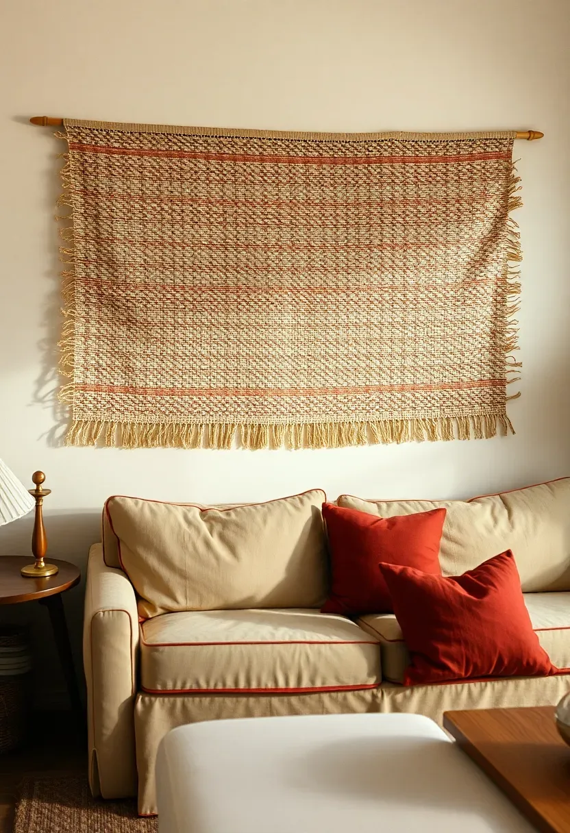 Woven tapestry panel above the sofa