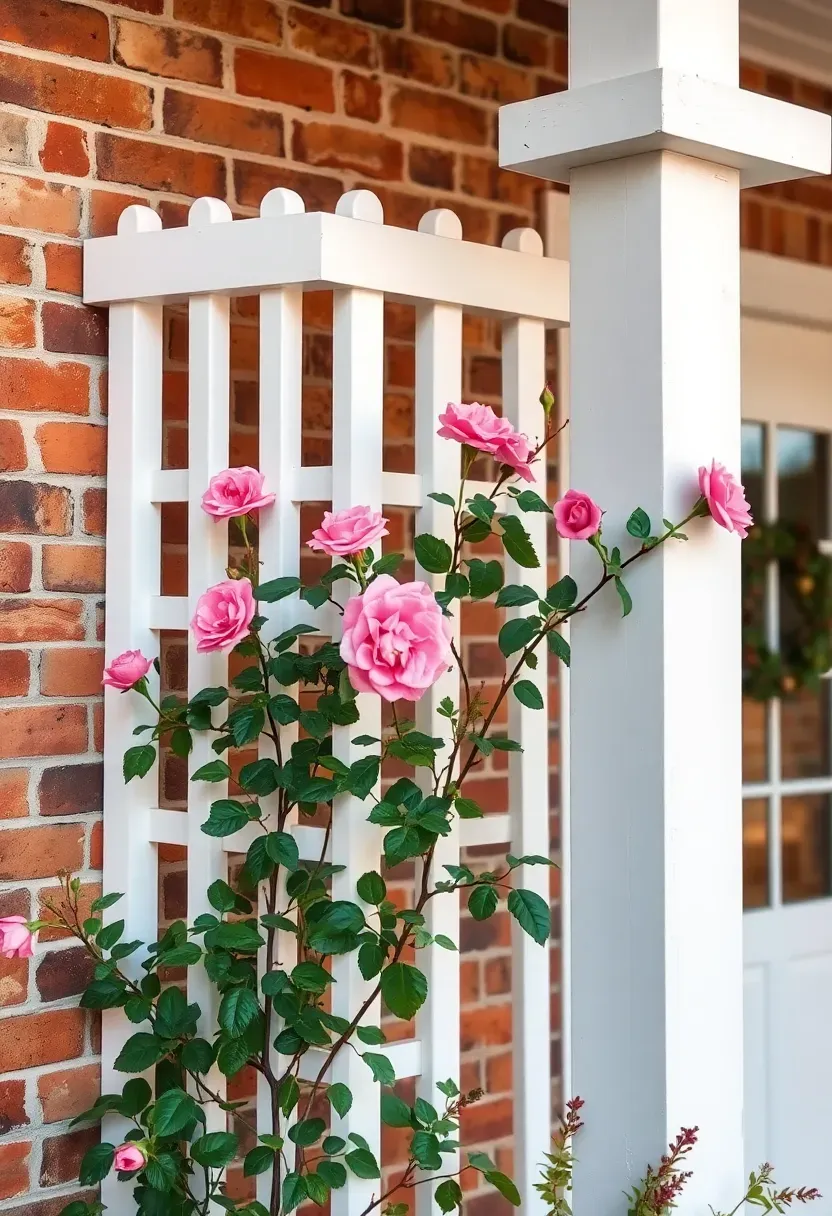 Ranch porch white trellis wall with climbing roses in second year growth reaching the eave line