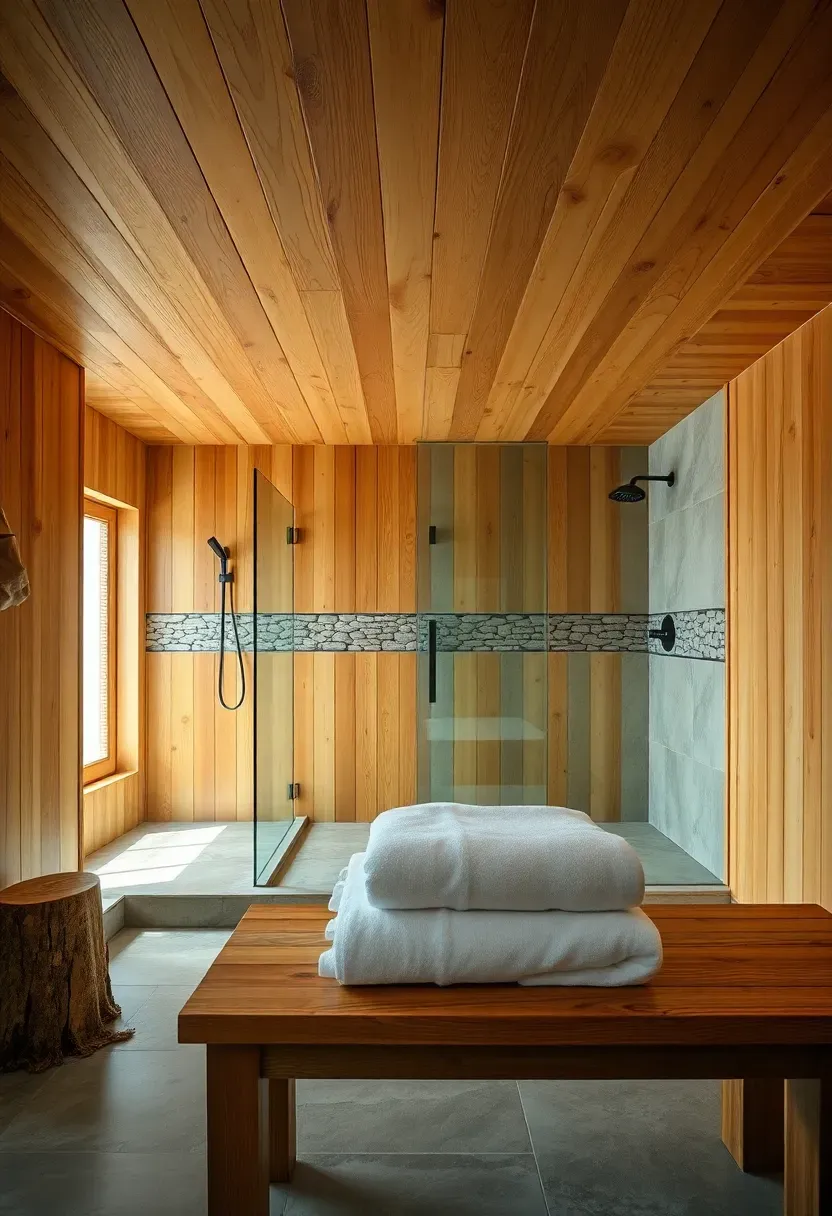 Warm wood tongue and groove ceiling planks in a spa-style bathroom with stone tile floor