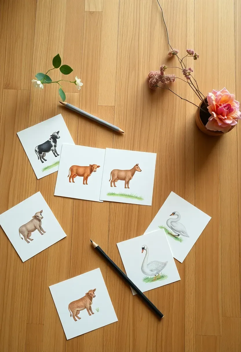 printed cards with mother and baby animal pairs spread on a table with floral decorations