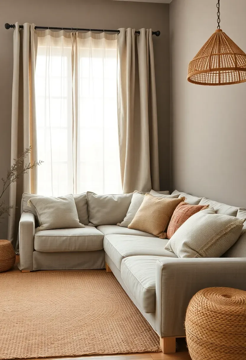 Hyper-realistic 3/4 view of a textural living room with warm gray walls, linen sofa in oatmeal with visible slub texture, linen curtains in slightly darker gray, linen throw pillows in cream and taupe, jute rug, linen-wrapped pendant light. Materials: warm gray matte paint, various linen fabrics in different weights, jute fiber. Soft diffused natural light through linen curtains, showing fabric texture and weave patterns. Organic textural mood with material depth. Shallow depth of field highlighting linen surface details. Sharp focus on fabric texture variations. No text, no logos, no watermarks.</p>